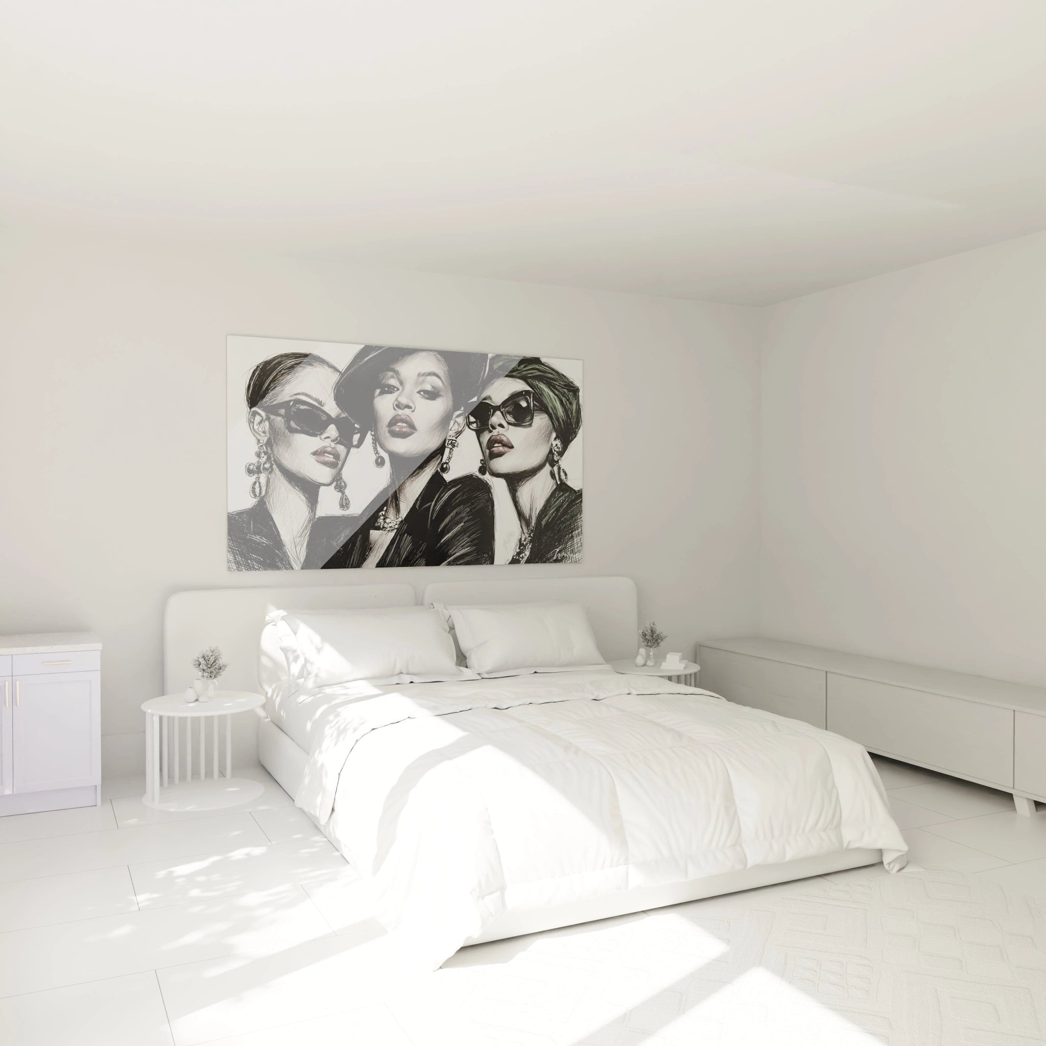 Tableau illustration de mode avec des femmes élégantes portant des lunettes de soleil dans une chambre moderne