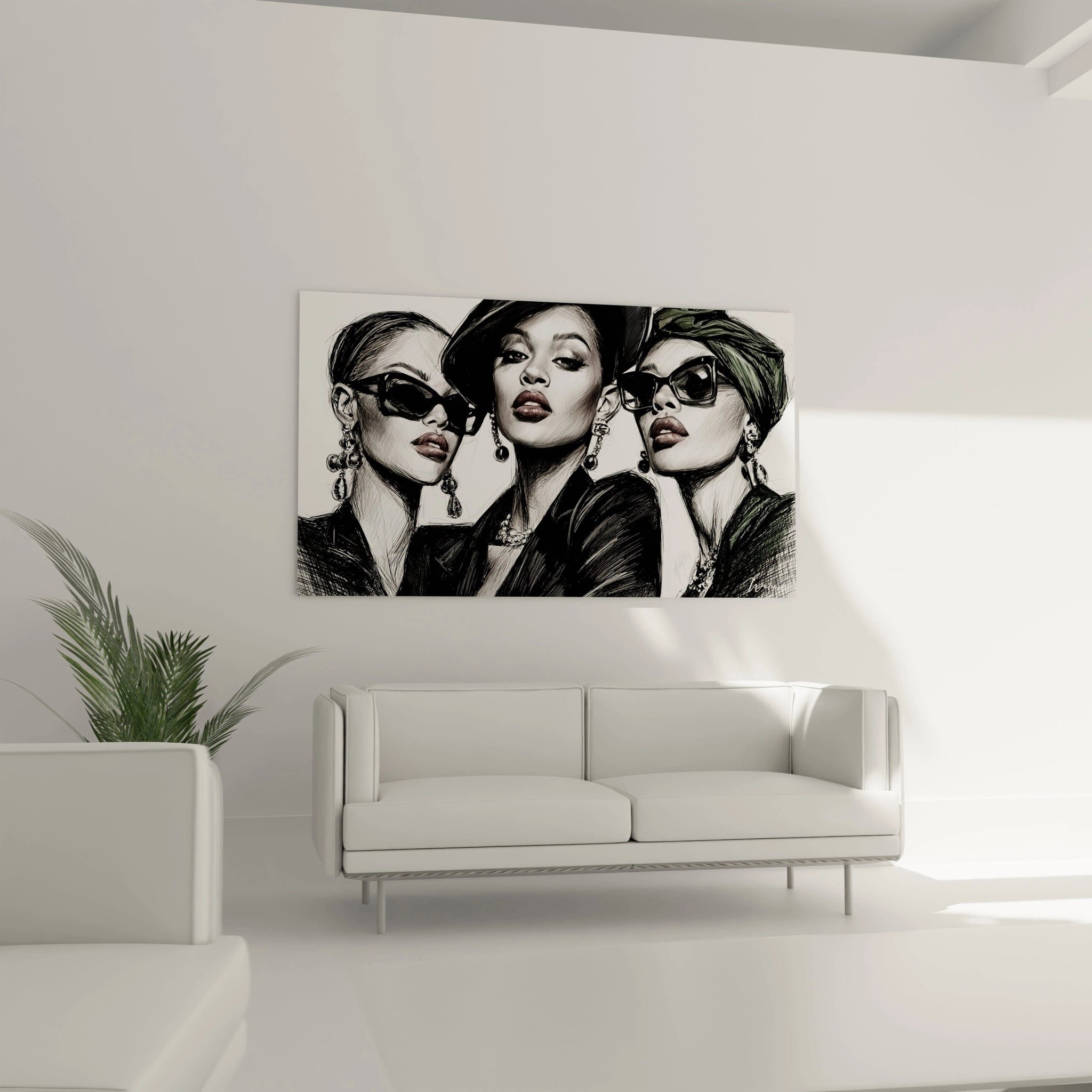 Tableau mural illustration de mode avec trois femmes stylées portant des lunettes de soleil et des accessoires élégants