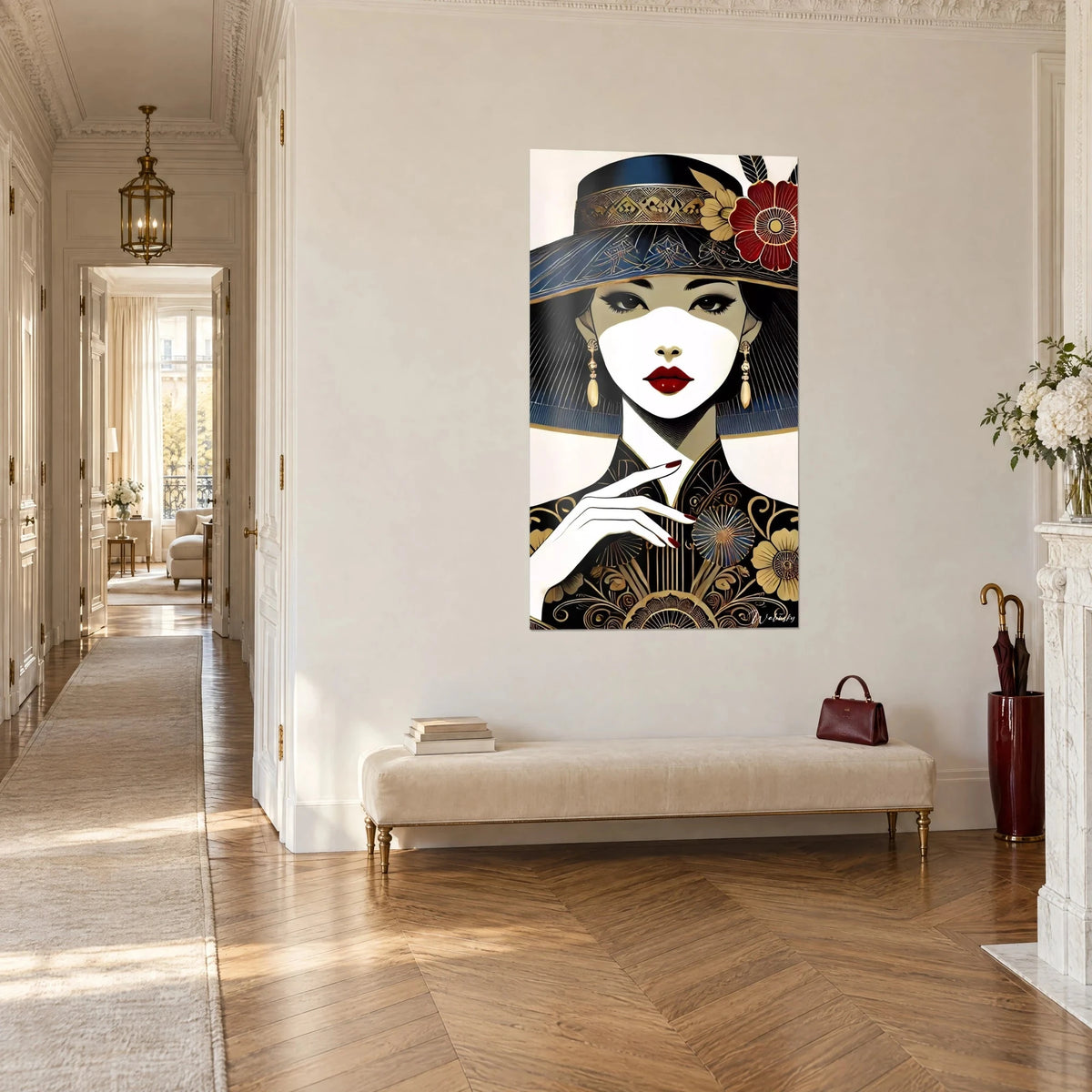 Wall art elegant Asian woman with a pure white complexion, wide navy blue hat and crimson flower, three-quarter view in a Haussmann-style hallway