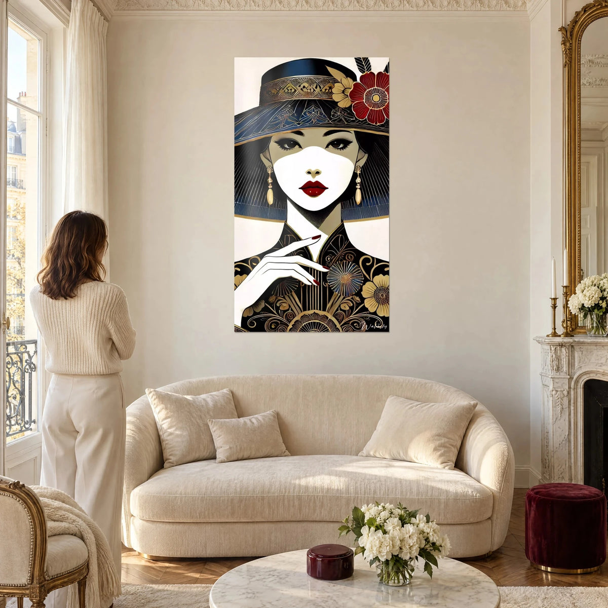 Wall art stylized portrait of a woman in a midnight blue hat, red lips and gold earrings, above a sofa in a bright living room