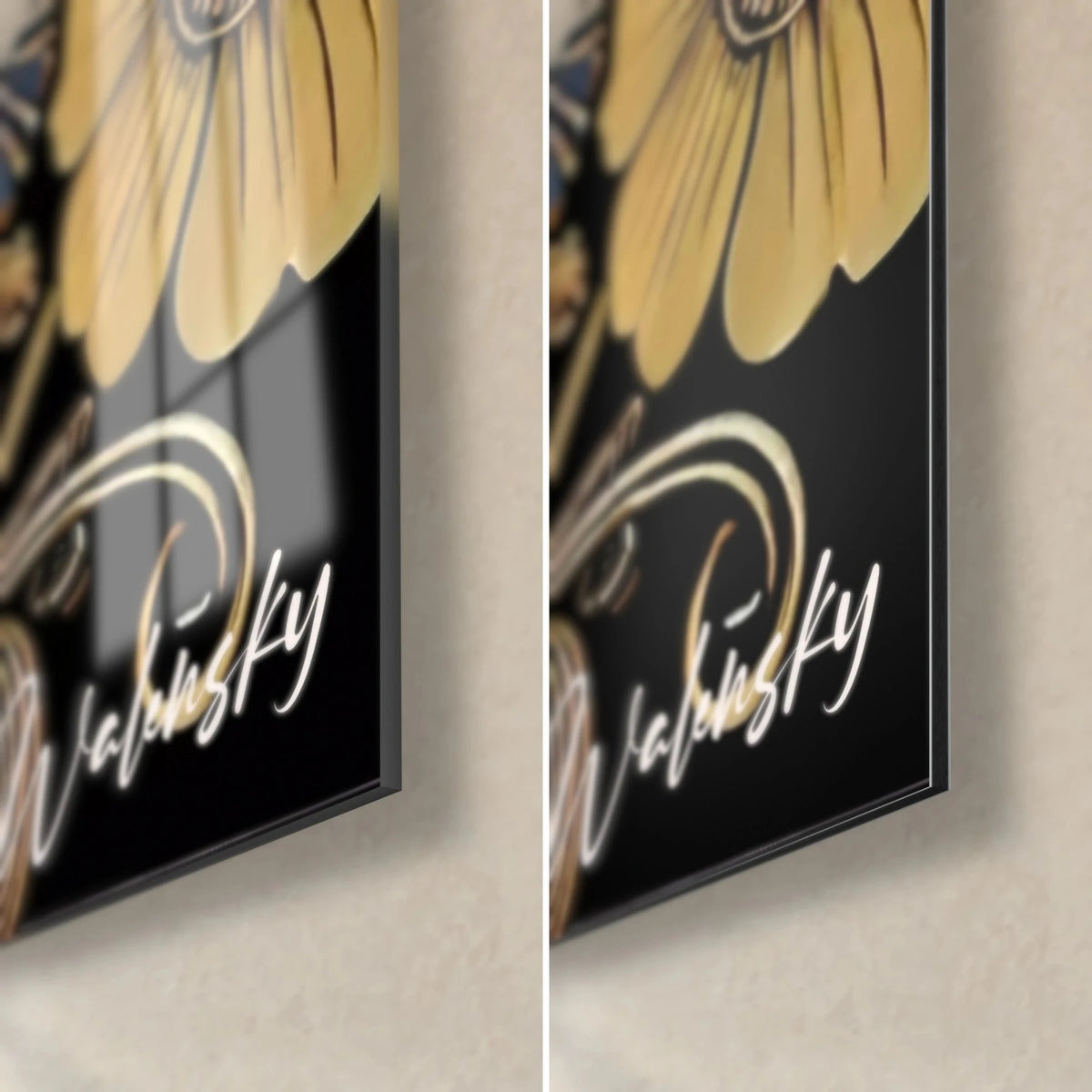 Wall art lady in a flowered hat, bottom right corner: glossy acrylic glass on the left, matte Dibond aluminum on the right, golden flower on a black background