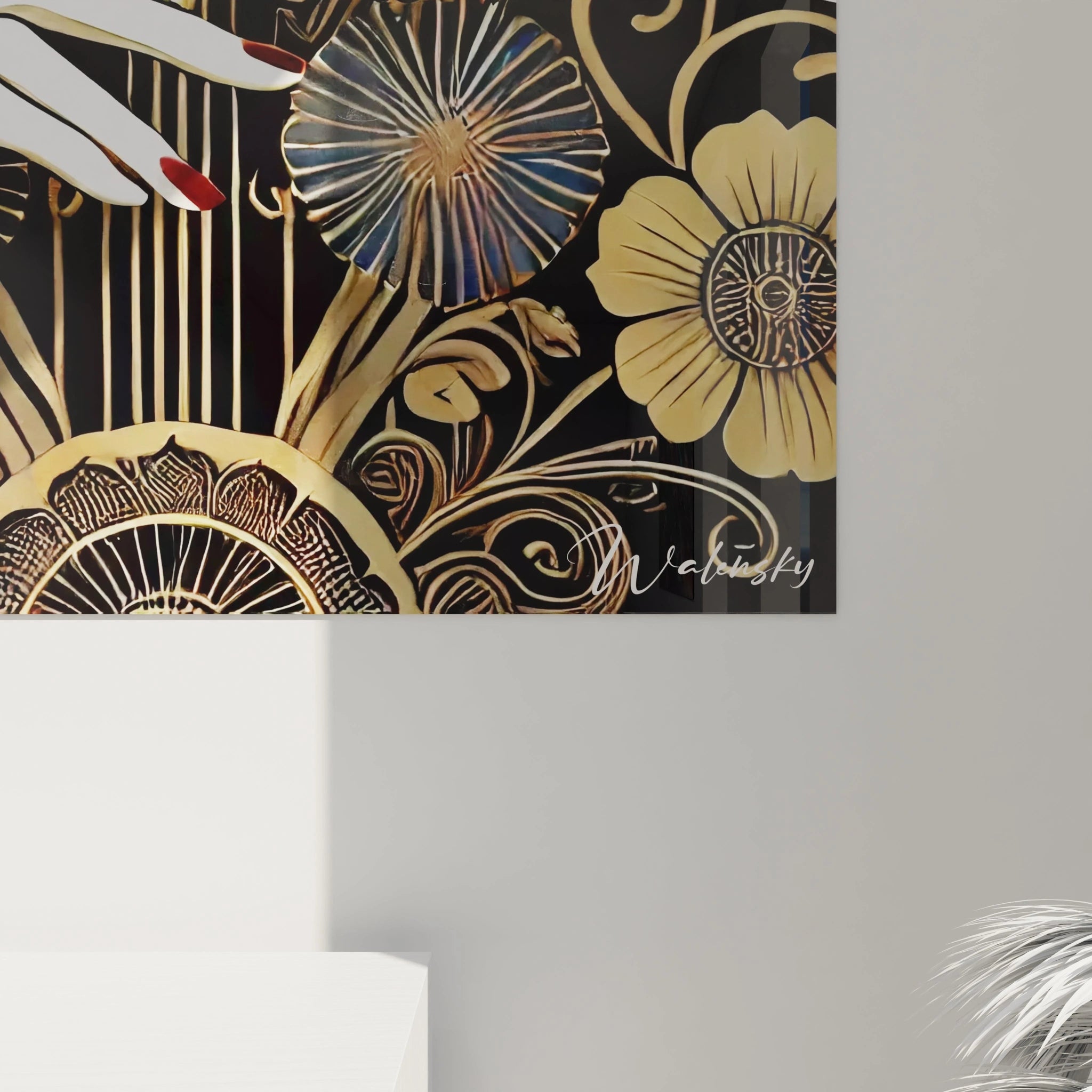 vue rapprochée du tableau asie détails des lignes dorées et textures florales subtils ombrages accentuant les bijoux et tissus noirs lèvres rouges vibrantes féminité et raffinement captivants


