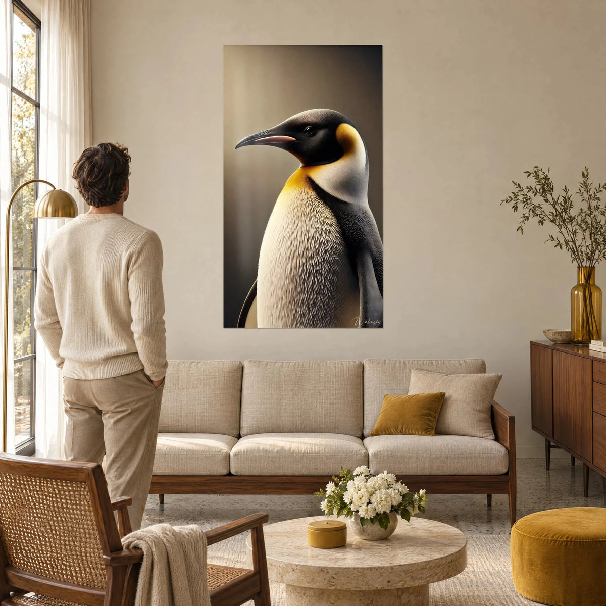 Tableau manchot empereur de profil, plumage blanc et or sur fond brun, homme de dos, au-dessus d'un canapé dans un salon lumineux