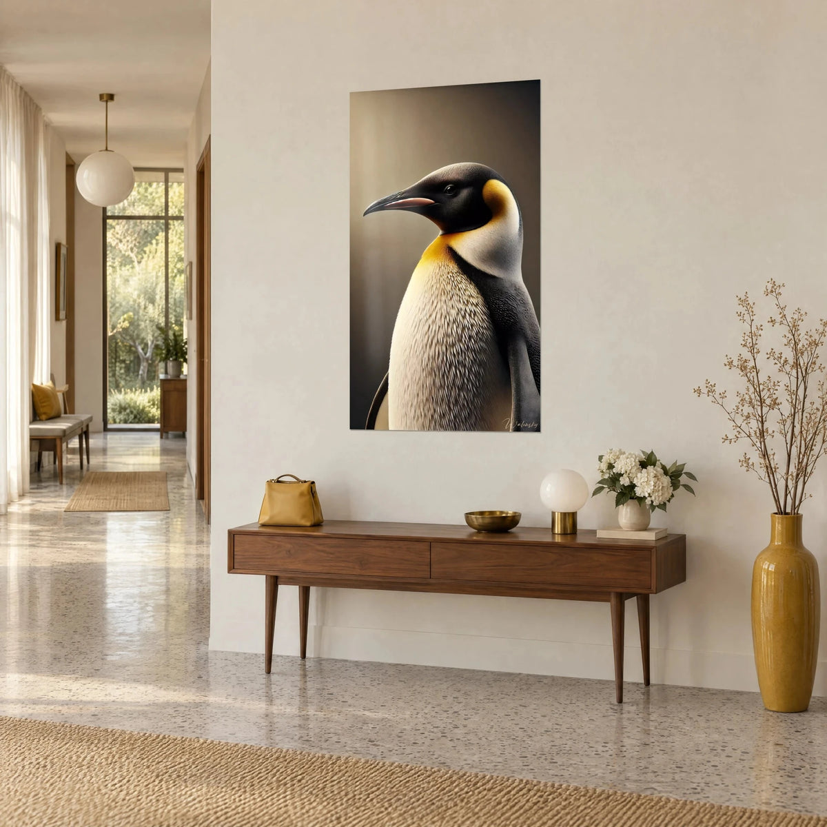 Tableau oiseau polaire au bec noir et rose, gorge jaune safran, accroché au-dessus d'une console en bois, maison années 50