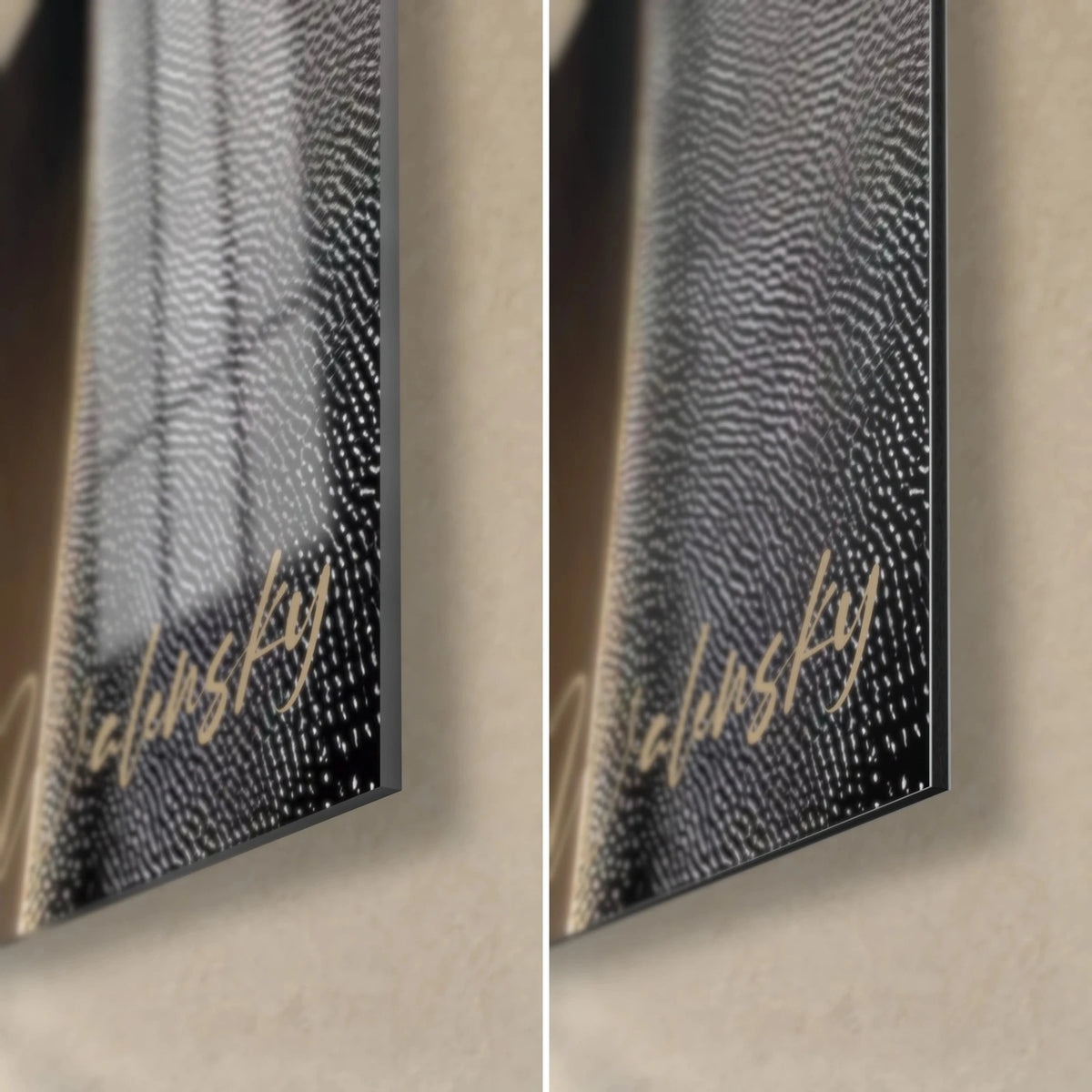 Tableau portrait de manchot, coin bas droit en verre brillant et alu Dibond mat noir, tranche de 3 mm et signature dorée