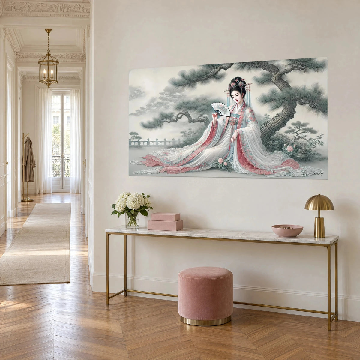 Wall art of a Chinese noblewoman in an ivory and coral silk gown, seated beside a bonsai, on a beige wall of a Haussmann-style entrance