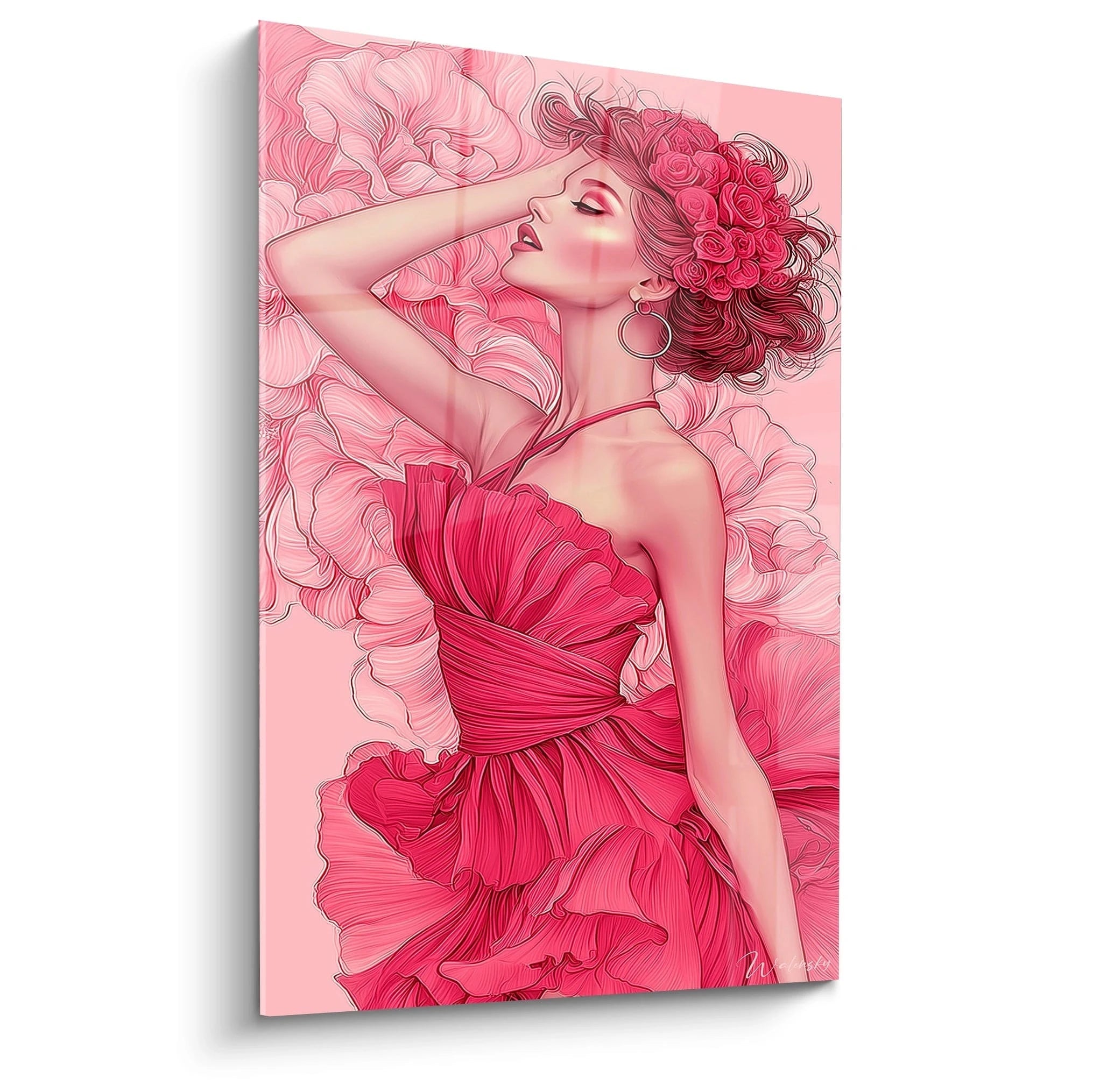 Tableau mural féminin élégant représentant une femme en robe rose entourée de fleurs