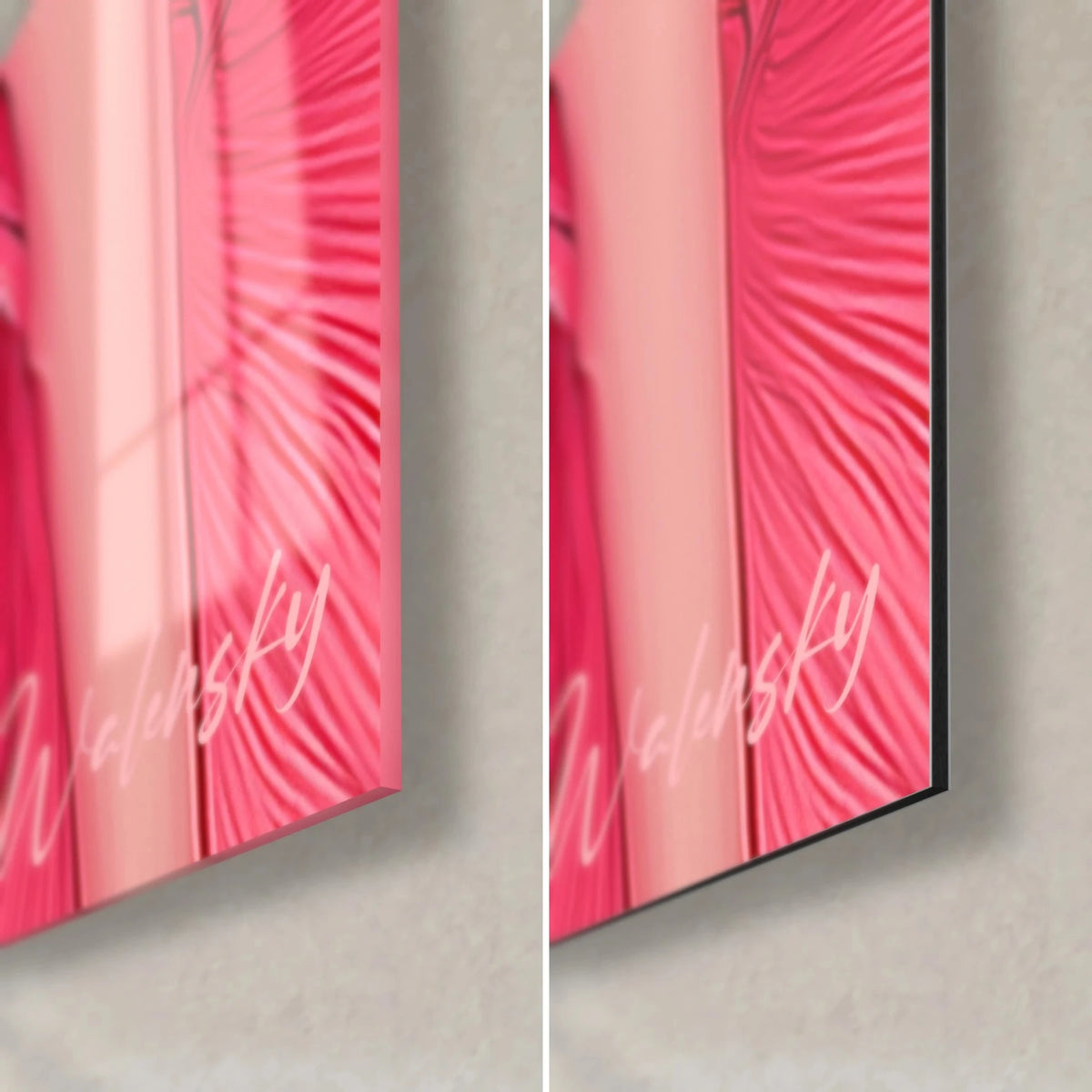 Gemälde einer jungen Frau im fuchsiafarbenen Kleid, untere rechte Ecke: glänzendes rosa Acrylglas links, matt Dibond rechts, 3 mm Kante