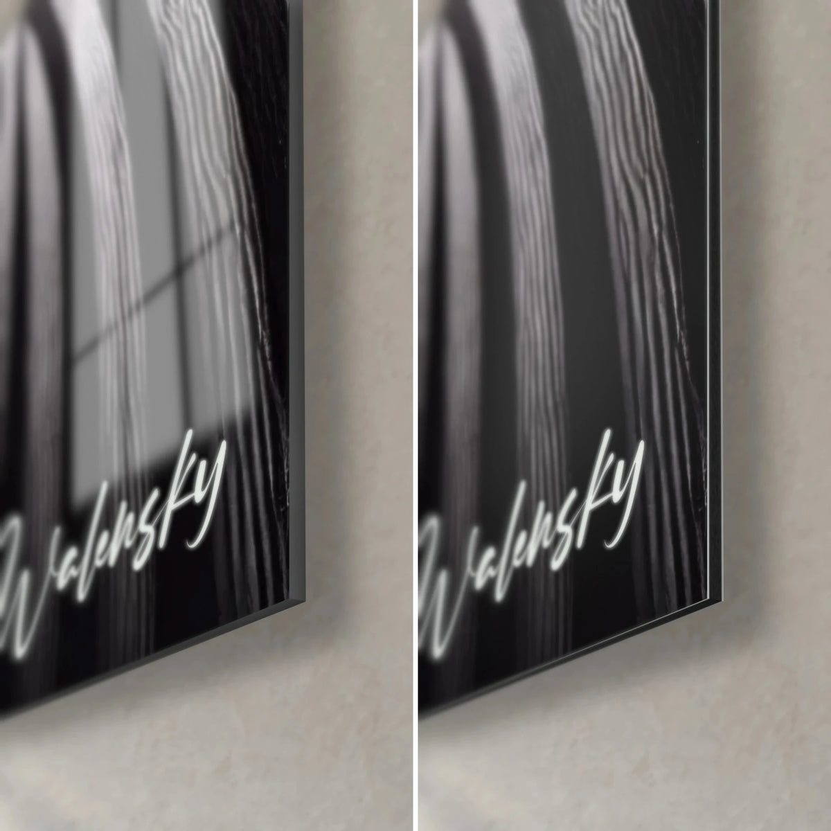 Tableau zèbre rayé noir et blanc, coin bas droit : verre acrylique brillant à gauche, alu Dibond mat à droite, tranche de 3 mm