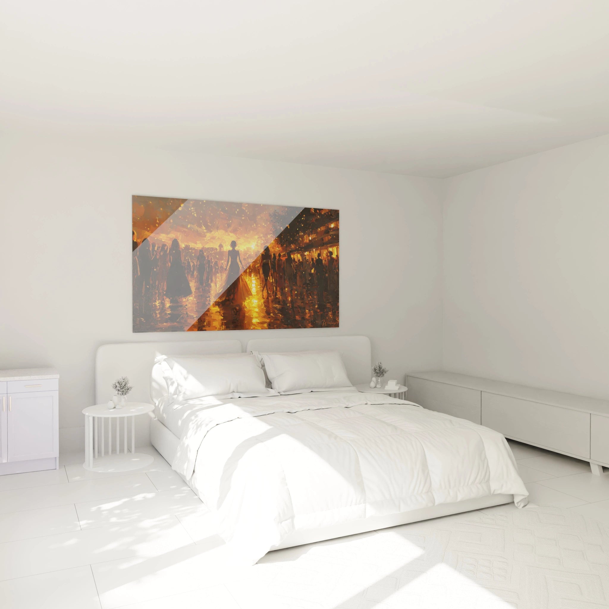 Tableau mural contemporain haut de gamme représentant une scène lumineuse dans une chambre moderne