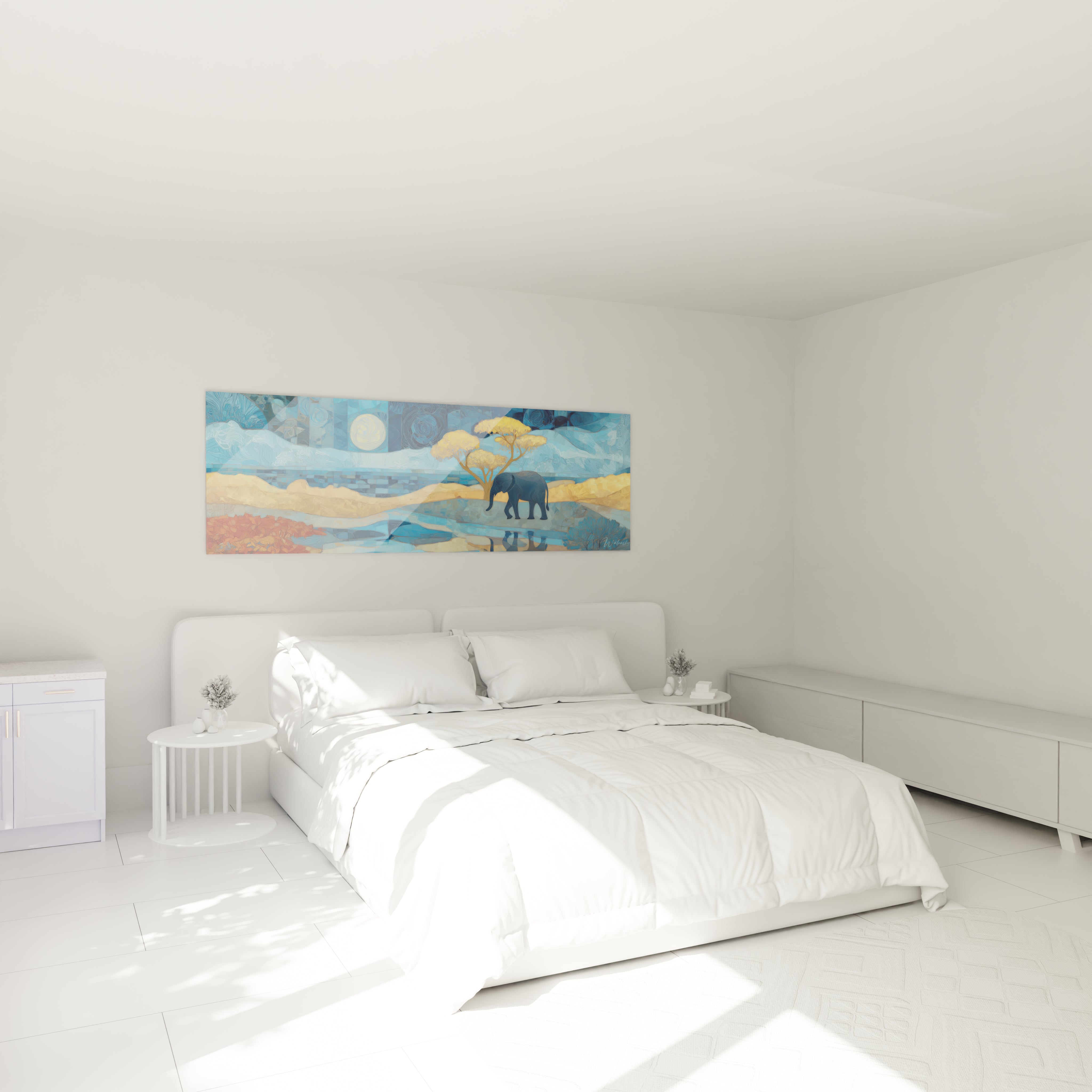 Tableau éléphant africain décorant un mur dans une chambre moderne et lumineuse