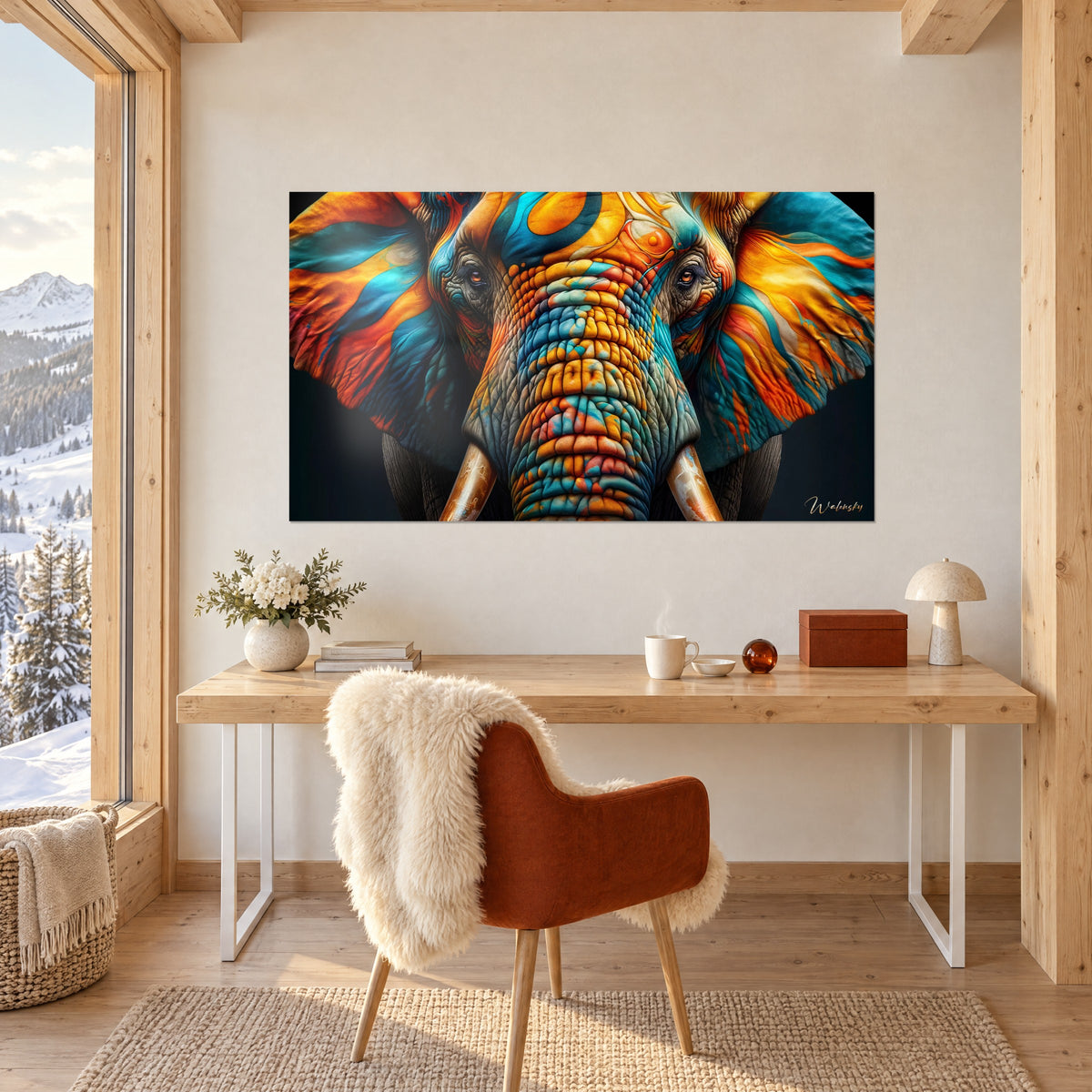 Quadro ritratto di elefante frontale con occhi ambrati, avorio lucido, toni arancio e turchese, sopra una scrivania in legno chiaro