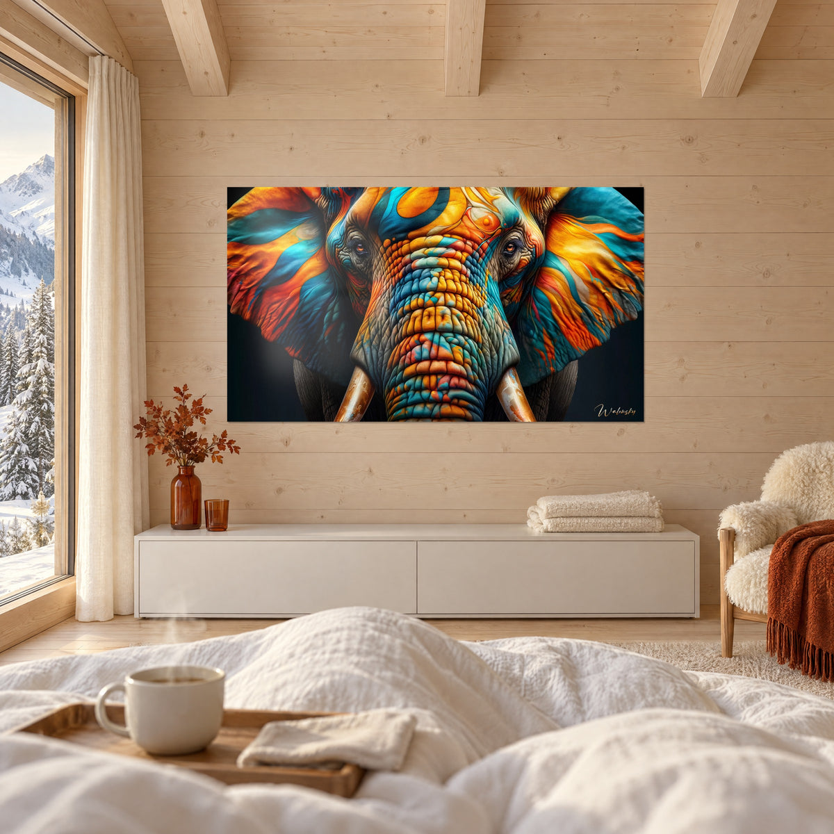 Quadro di mammut fiammeggiante con grandi orecchie zafferano e turchese, fondo nero profondo, appeso sopra un letto in una camera luminosa