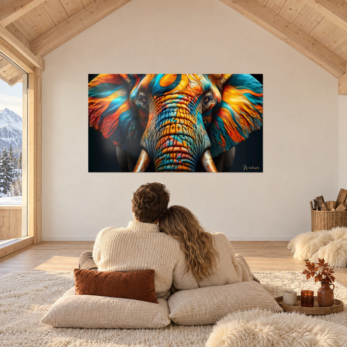Quadro di proboscide piegata con squame a mosaico arancio e ciano, avorio ramato, di fronte a una coppia rannicchiata su cuscini color crema nello chalet