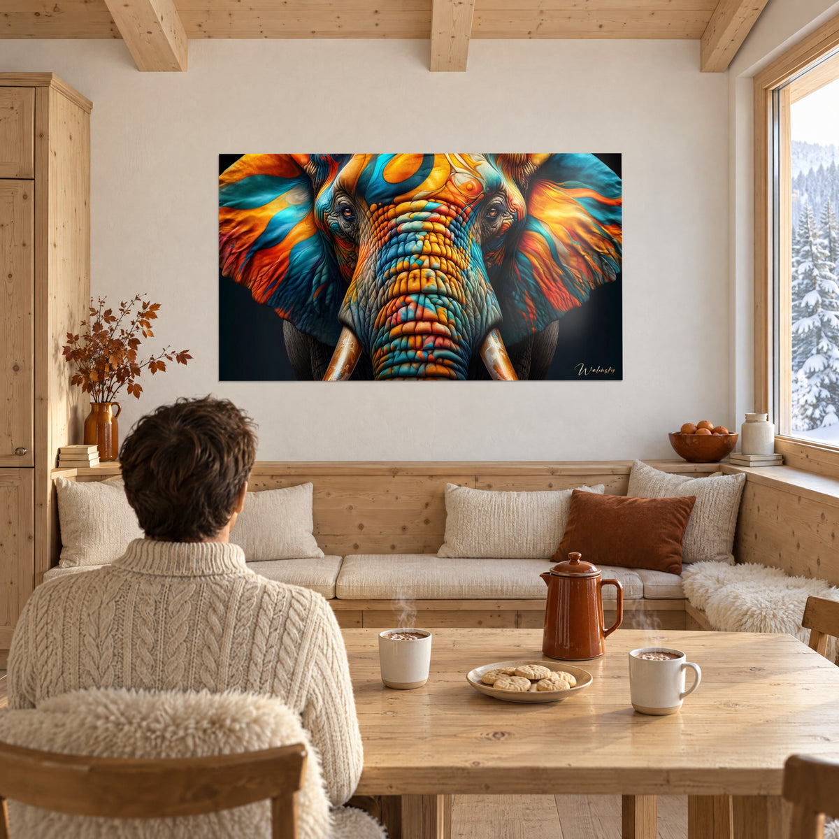 Quadro di grande elefante africano in pittura fluida, arancio, blu anatra e rame, davanti a un tavolo in legno e due tazze fumanti nello chalet