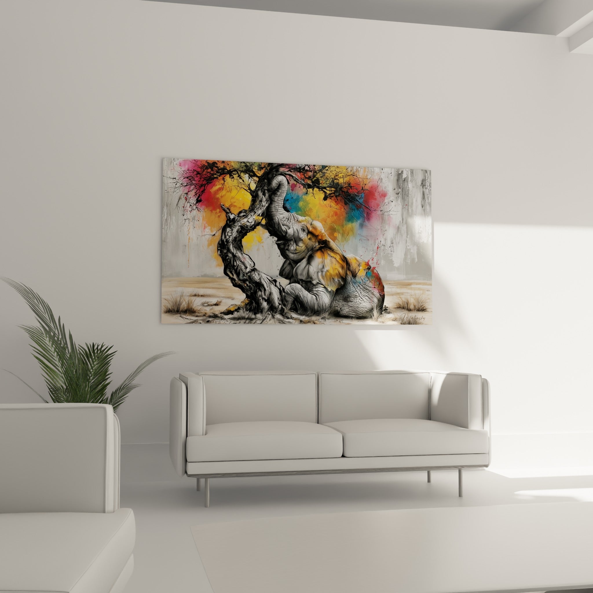 Silhouette de l'éléphant graphite et ocre accrochée au-dessus d'un canapé dans un salon lumineux