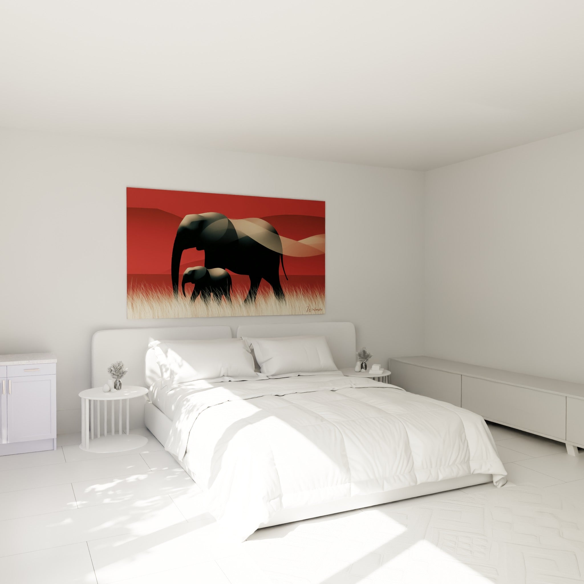 Silhouettes d'éléphants noirs sur fond rouge intense accrochées au-dessus d'un lit dans une chambre claire