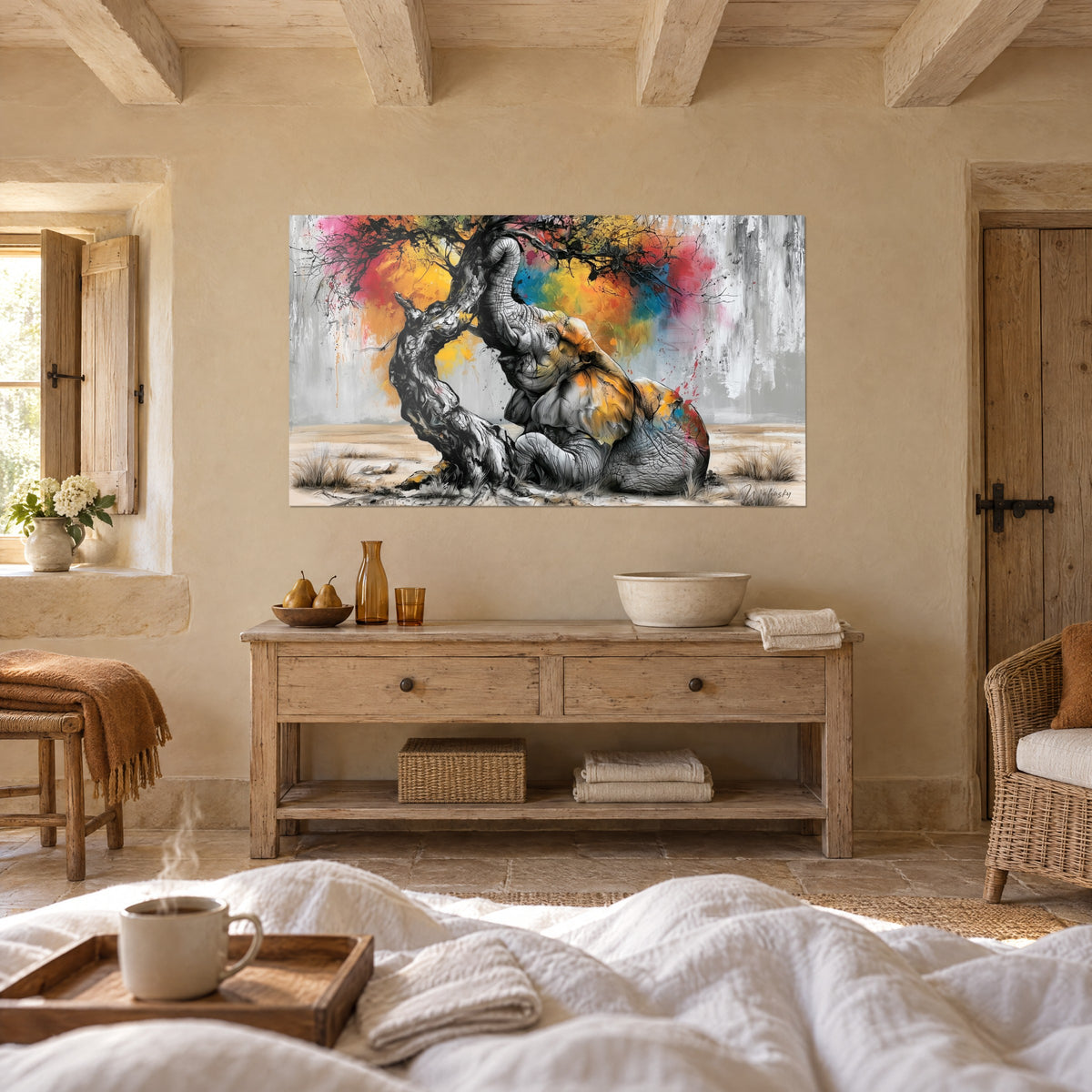 Quadro mastodonte a riposo sotto un fogliame rosso e turchese, pittura grigio perla, appeso sopra un letto in una camera luminosa