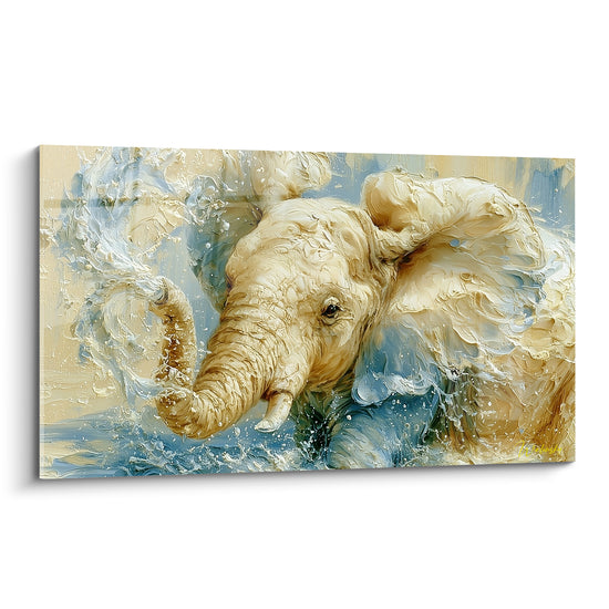 Tableau Éléphant beige et bleu dans l'eau - Éclaboussure joyeuse - Edition Elephant
