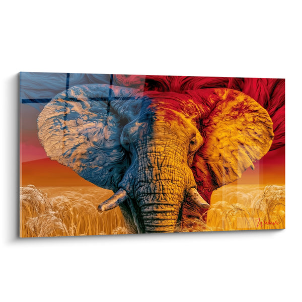 Tableau Éléphant bleu et rouge dans les hautes herbes - Duel des éléments - Edition Elephant
