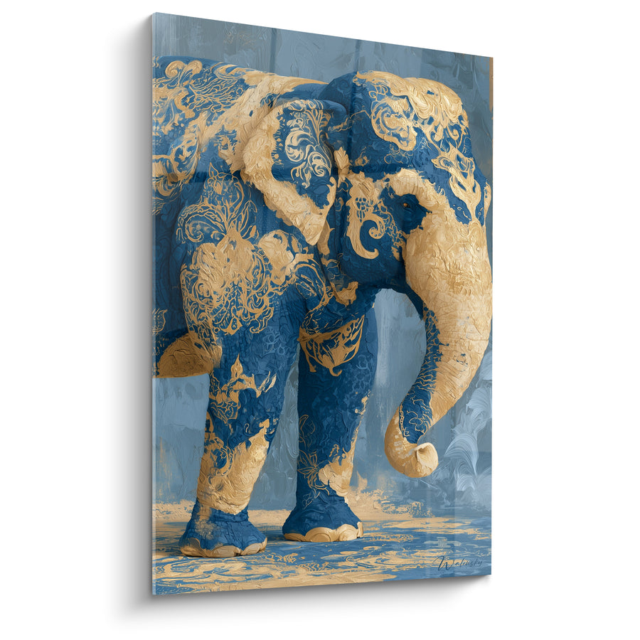 Tableau Éléphant bleu marine et doré aux motifs baroques - Majesté ornementale - Edition Elephant