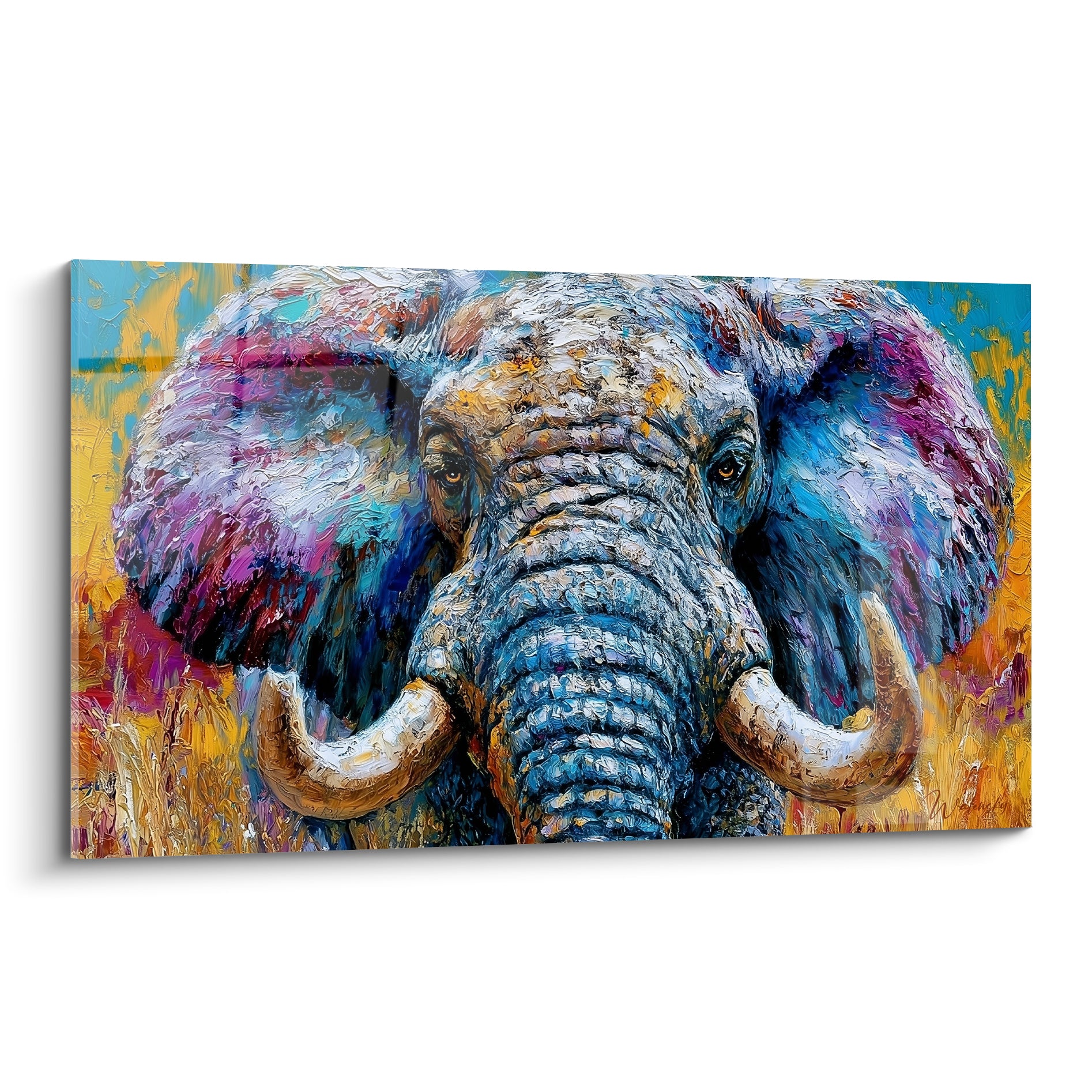 Éléphant bleu marine et doré, regard fixe, défenses ivoire, oreilles violettes texturées
