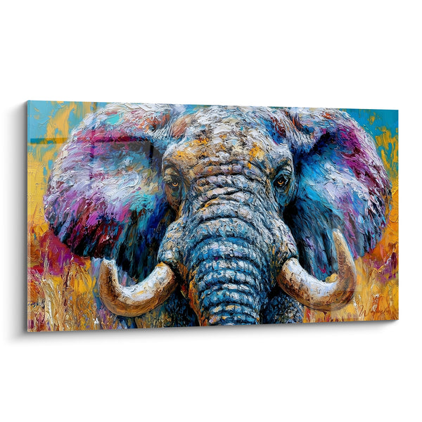 Tableau Éléphant bleu et doré aux oreilles violettes - Regard de la savane - Edition Elephant