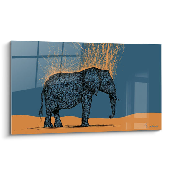 Éléphant bleu marine aux motifs gravés et racines dorées jaillissant du crâne sur fond ocre