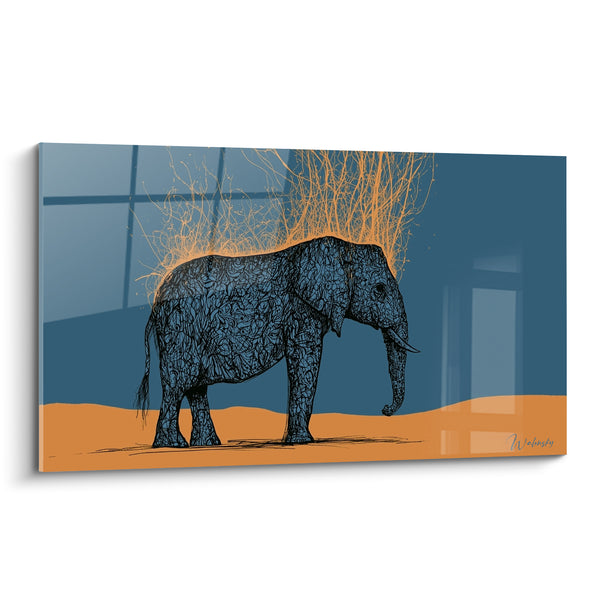 Tableau Éléphant bleu marine et ocre aux racines dorées - Éveil silencieux - Edition Elephant