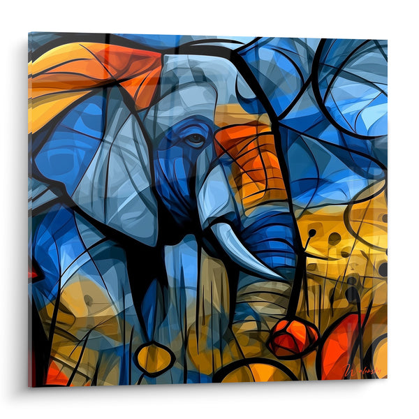 Tableau Éléphant bleu et orange aux traits géométriques - Fragments de savane - Edition Elephant