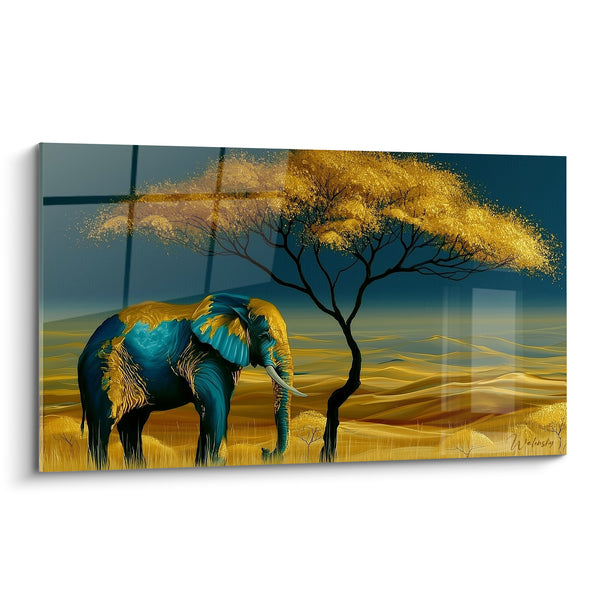 Tableau Éléphant bleu sarcelle sous acacia doré - Solitude africaine - Edition Elephant