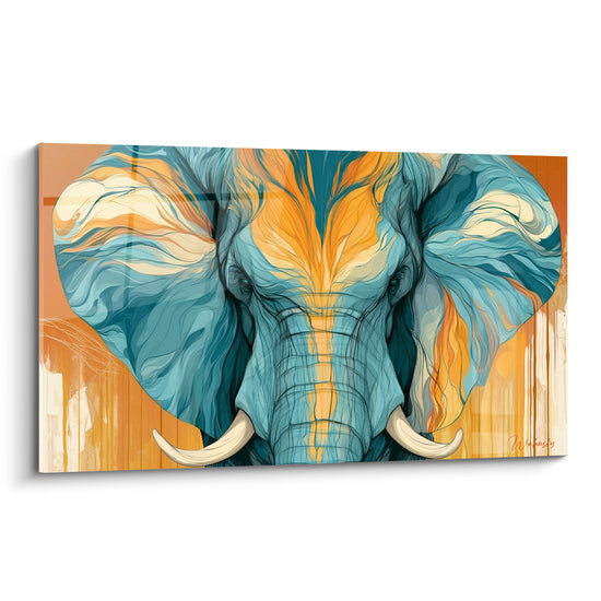 Tableau Éléphant bleu sarcelle et orange défenses ivoire - Regard du géant - Edition Elephant