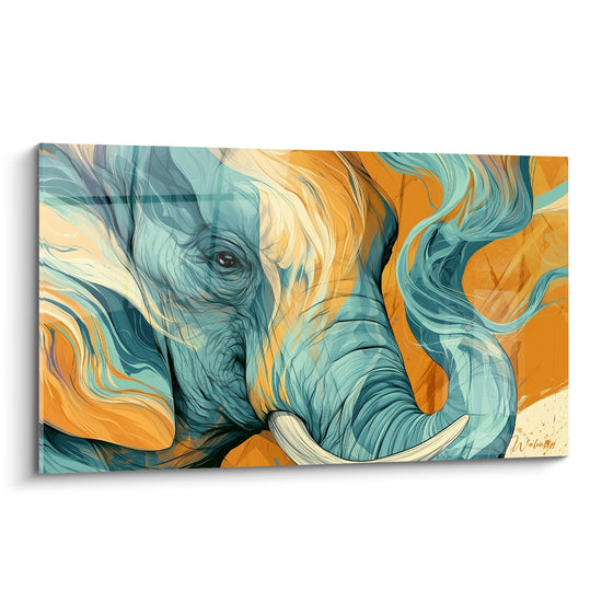 Tableau Éléphant bleu sarcelle et orange en gros plan - Regard tourbillonnant - Edition Elephant