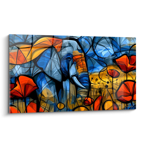 Tableau Éléphant bleu et orange parmi coquelicots - Éclosion sauvage - Edition Elephant