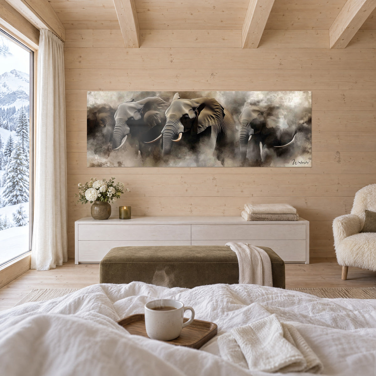 Schilderij reuzen van de savanne met grote oren in sepiabruin en parelgrijs, boven een bed in een lichte slaapkamer