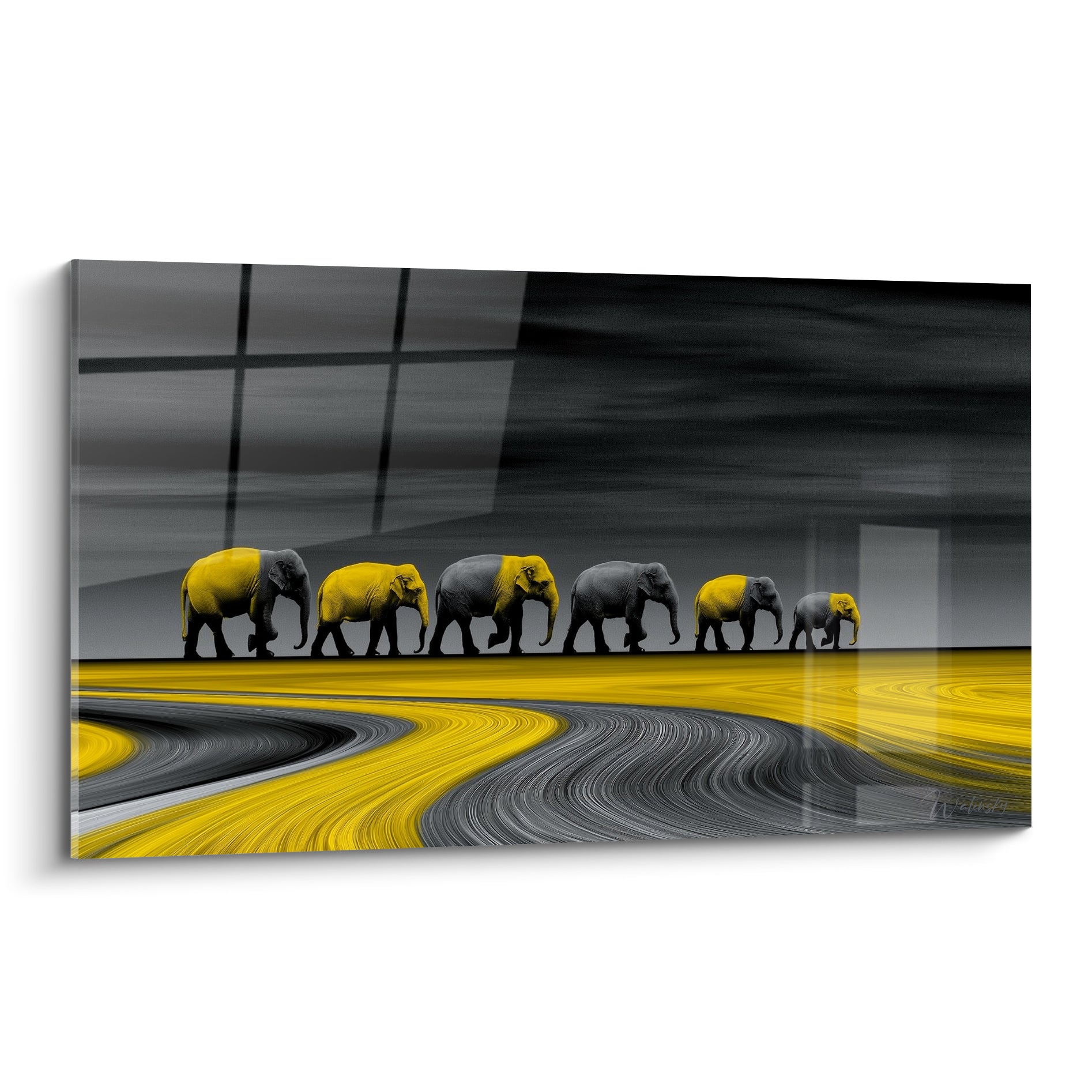 Six éléphants gris et jaunes en marche sur un sol strié anthracite et doré, art graphique