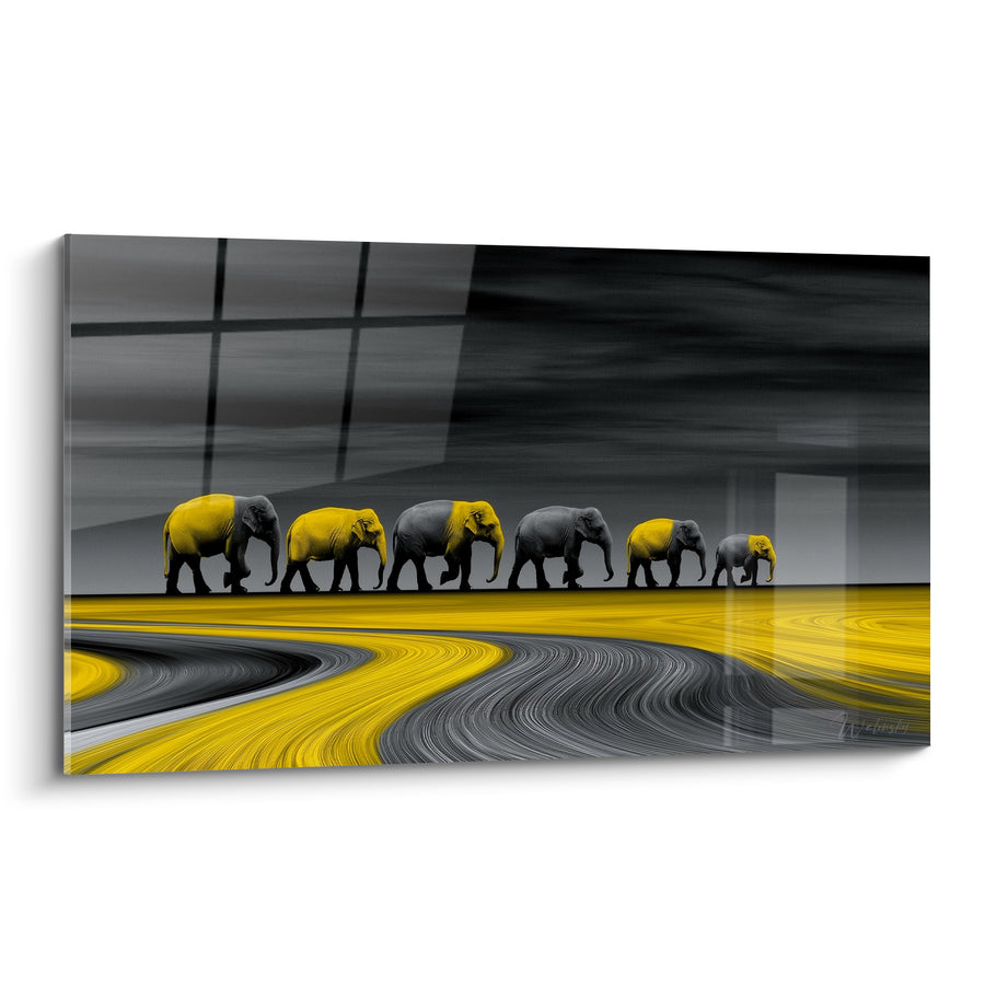Leinwand Elefanten grau und gelb im Gehen - Leiser Gang - Edition Elephant