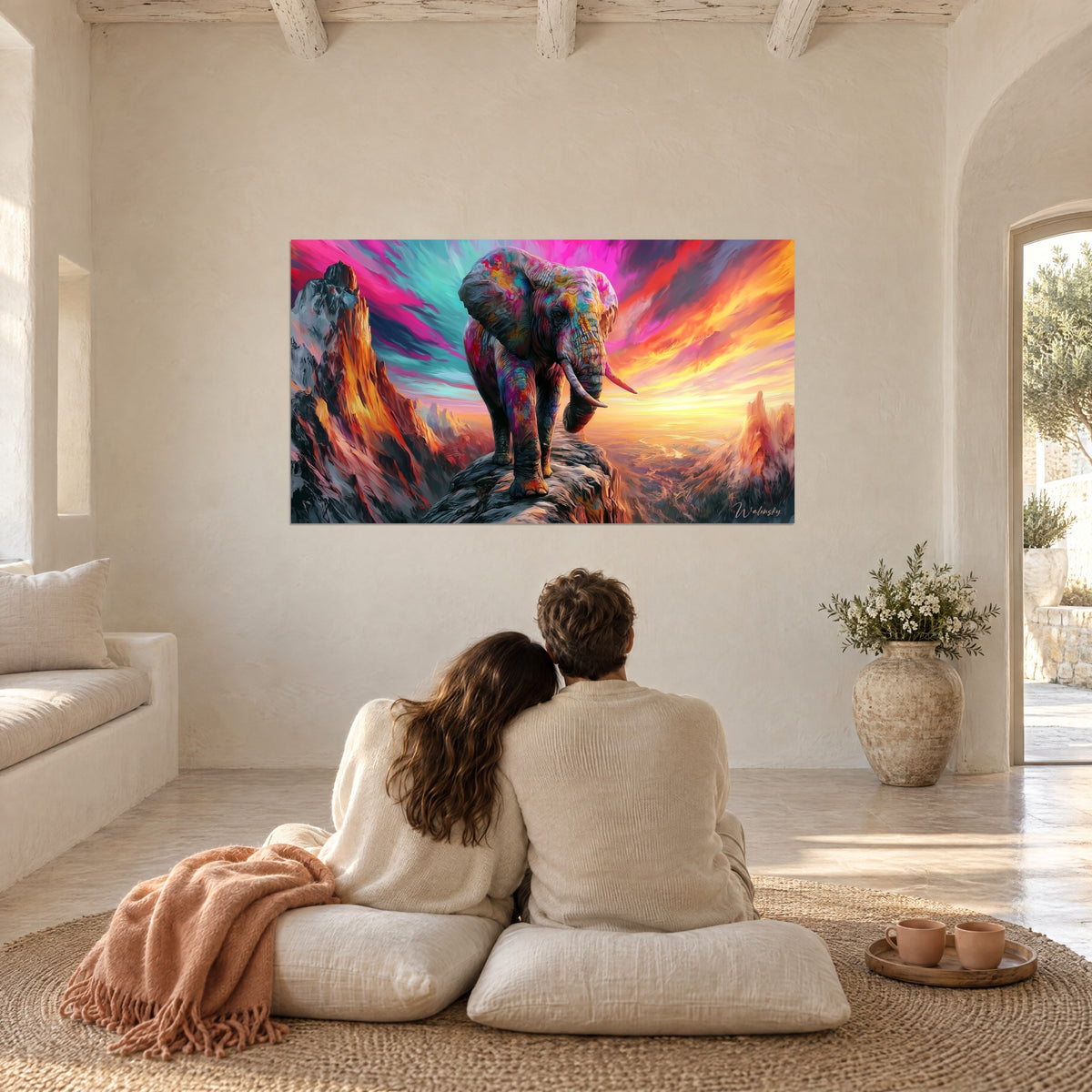 Quadro del sovrano delle cime in rosa, turchese e arancio, osservato da una coppia seduta di spalle su cuscini sul pavimento