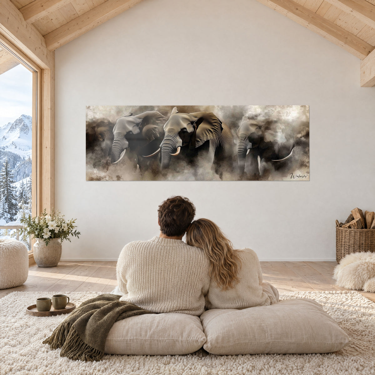 Schilderij mars van drie mastodonten met gebogen slagtanden, zandkleurig oker en asgrijs, een koppel van achteren in een lichte chalet