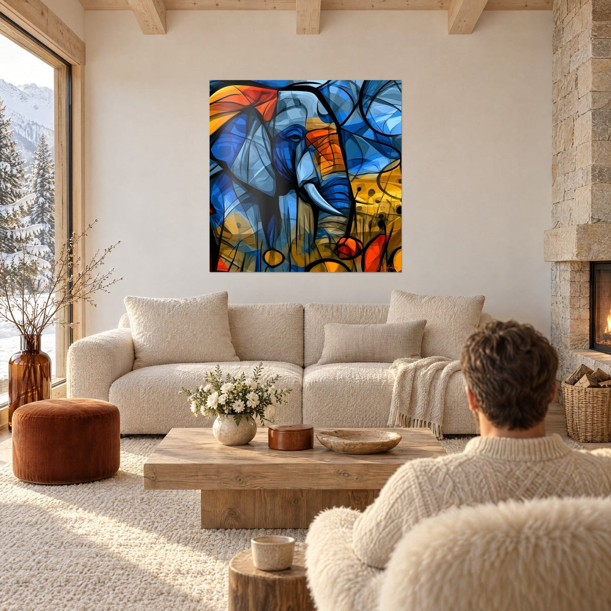 Gemälde Elefant geometrisch in Blau und Orange mit schwarzen Konturen, weiße Stoßzähne, über einem Sofa in einem hellen Wohnzimmer