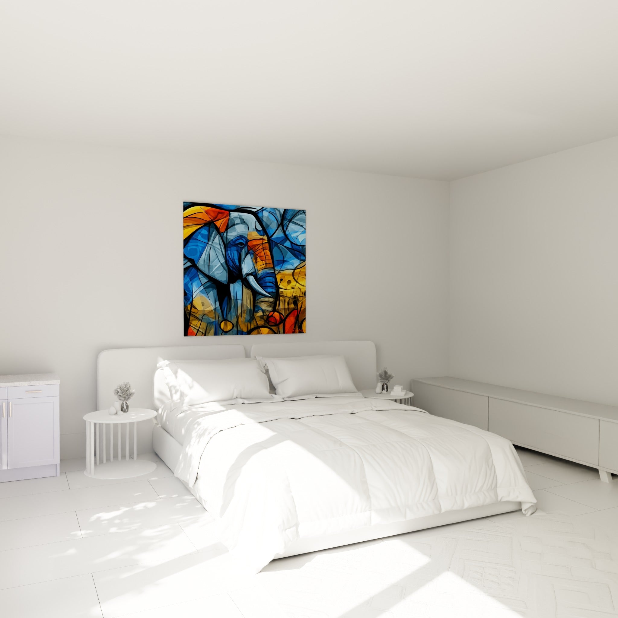 Silhouette d'éléphant bleu et ocre fragmentée, accrochée au-dessus d'un lit dans une chambre claire