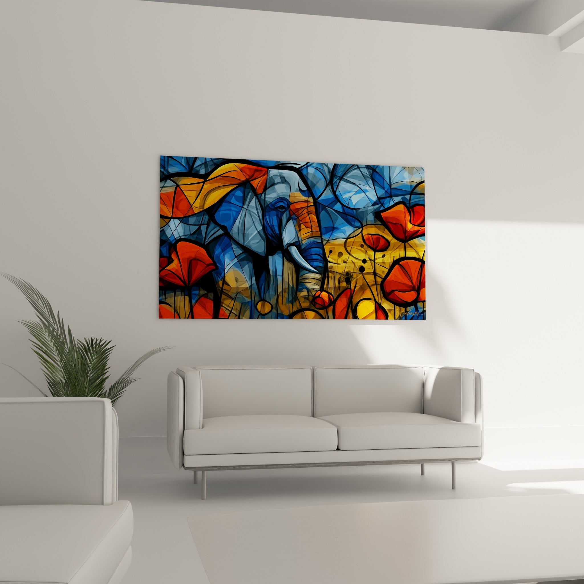 Trompe et défenses blanches de l'éléphant bleu parmi coquelicots ocre au-dessus d'un canapé dans un salon lumineux