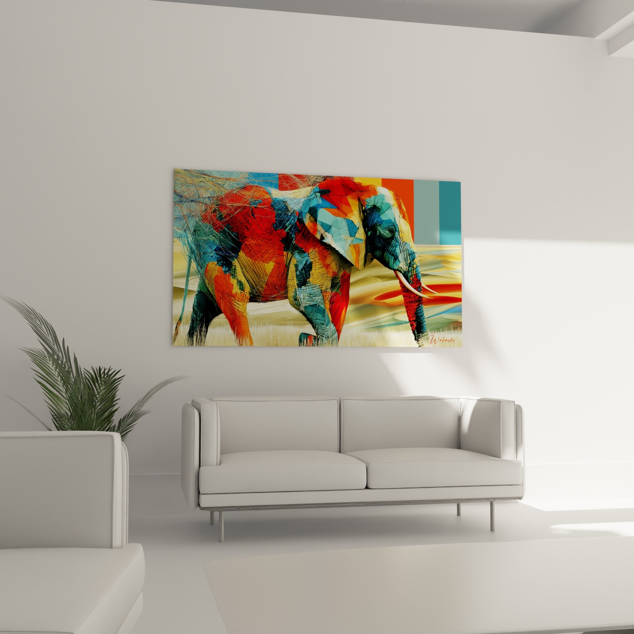 Trompe et défenses blanches d'un éléphant coloré en orange et bleu pétrole, au-dessus d'un canapé dans un salon lumineux