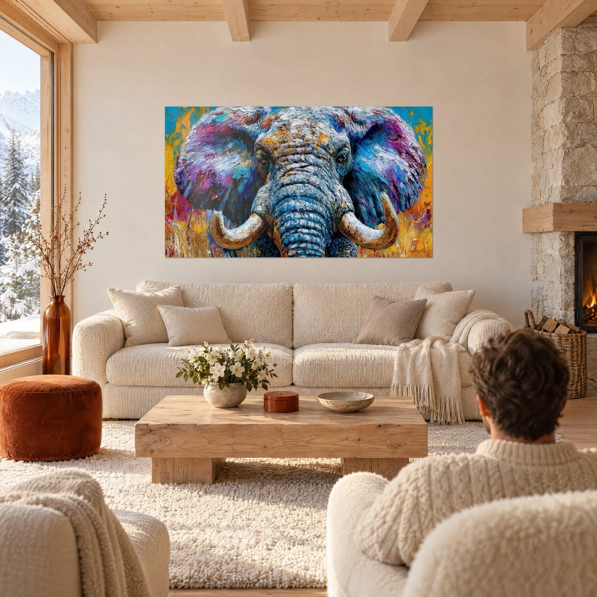 Cuadro de elefante con orejas violeta y azul cobalto, colmillos de marfil, sobre un sofá en un salón luminoso