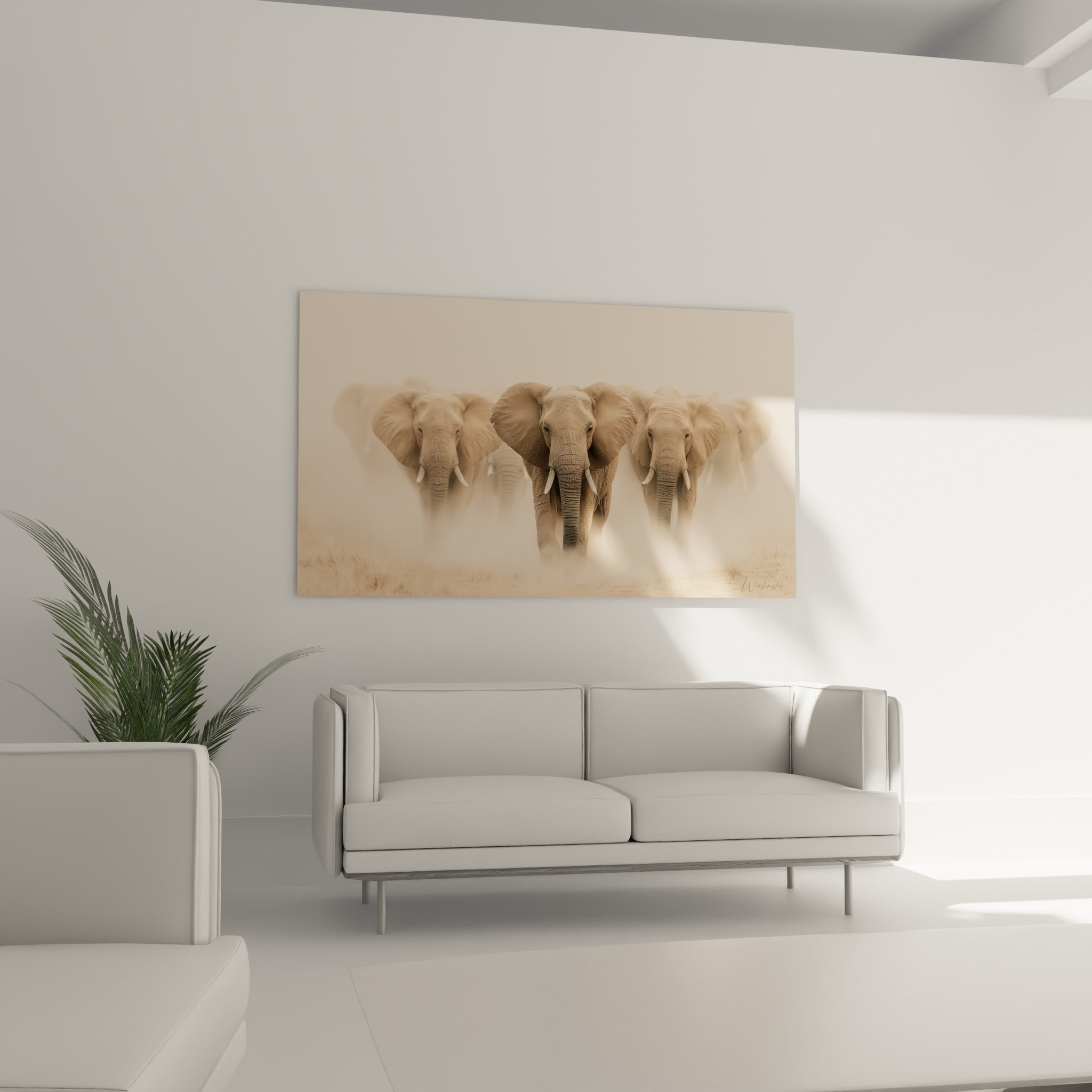 Trompe et défenses ivoire d'un éléphant sable détaillées, au-dessus d'un canapé dans un salon lumineux