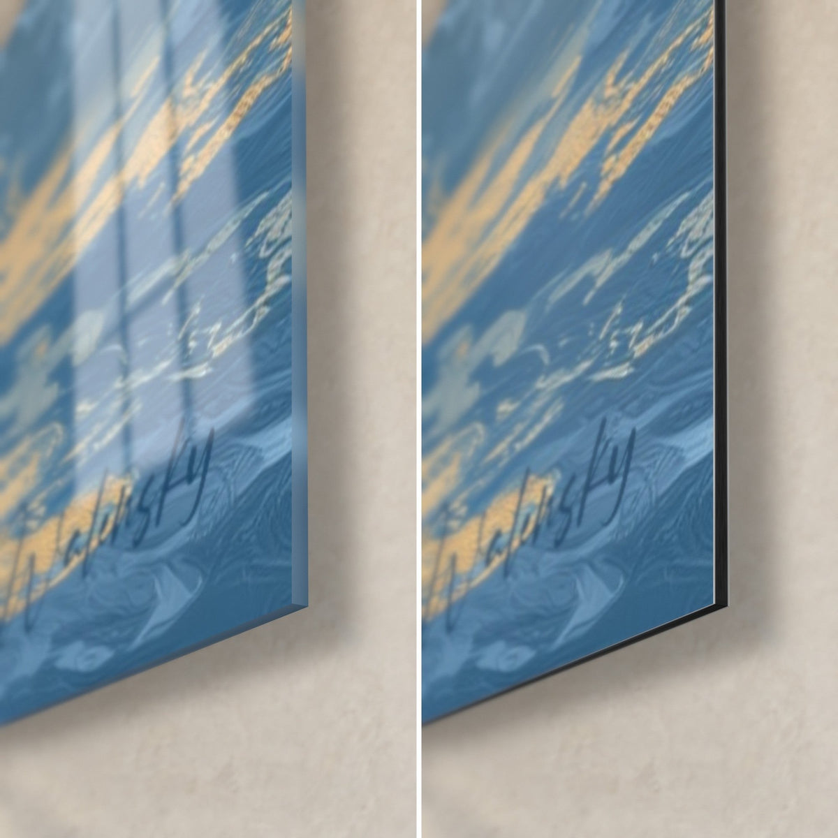 Gemälde Elefant in Blau und Gold, untere rechte Ecke: glänzendes Acrylglas links, matt gebürstetes Dibond rechts, 3 mm Kante