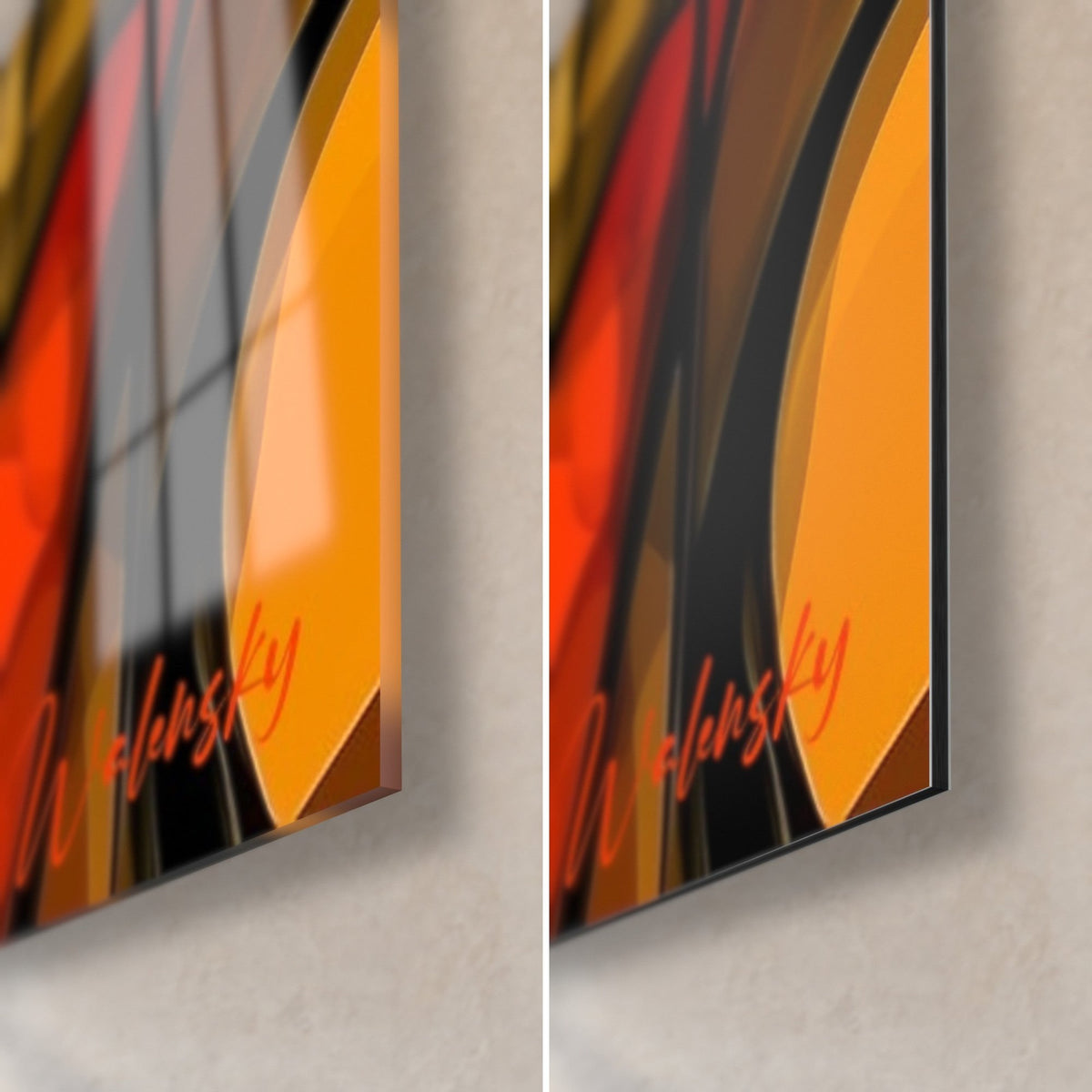 Gemälde Elefant aus Glassplittern, unten rechts: glänzendes Acrylglas links, matres Dibond rechts, Orange und Schwarz
