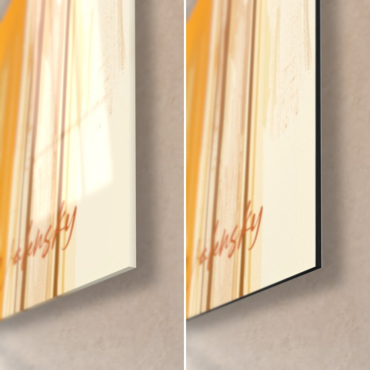 Quadro con zanne d'avorio giganti, angolo in basso a destra: vetro acrilico lucido con riflessi, alluminio Dibond nero opaco, bordo di 3 mm
