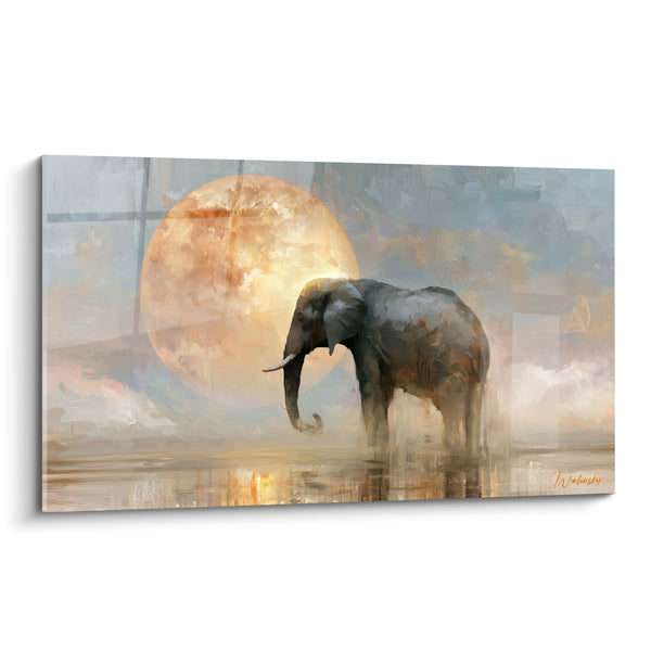 Tableau Éléphant gris et ocre devant un disque solaire - Reflet dans l'eau calme - Edition Elephant