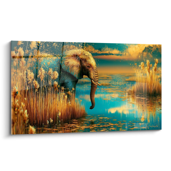 Tableau Éléphant doré près d'un point d'eau - Halte au crépuscule - Edition Elephant